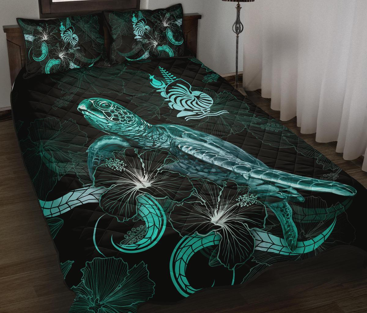 New Caledonia Polynesian Quilt Bed Set - Turtle With Blooming Hibiscus Turquoise Turquoise - Polynesian Pride