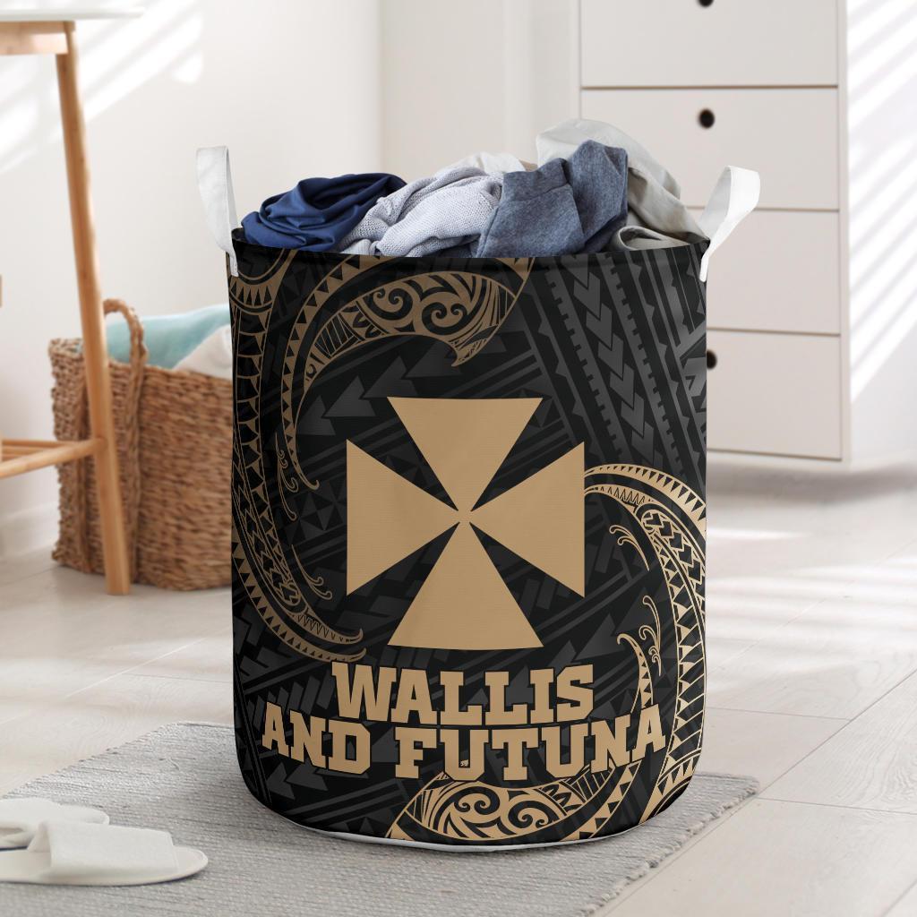 Wallis and Futuna Polynesian Laundry Basket - Gold Tribal Wave One Style One Size Black - Polynesian Pride