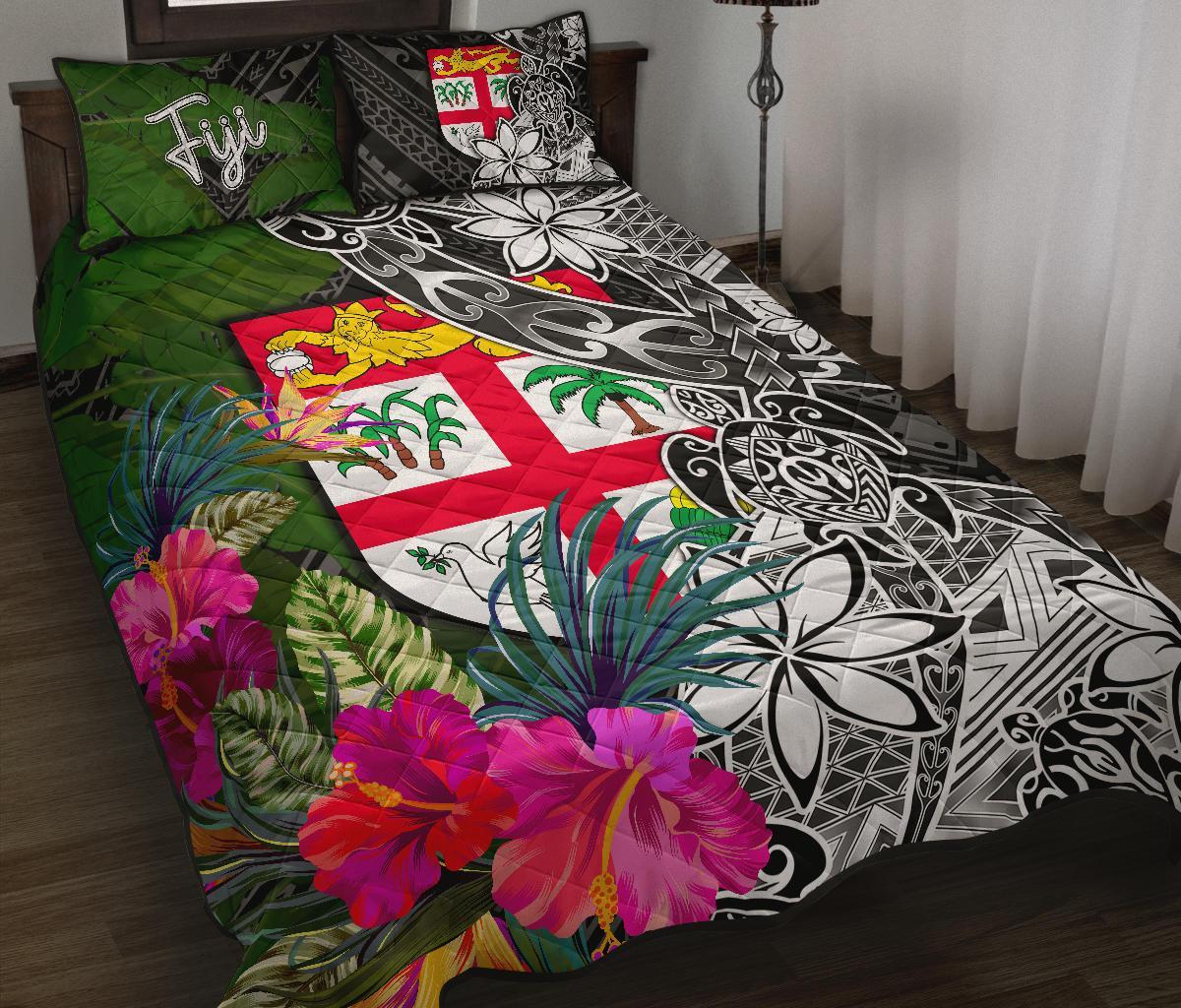 Fiji Quilt Bed Set - Turtle Plumeria Banana Leaf Black - Polynesian Pride