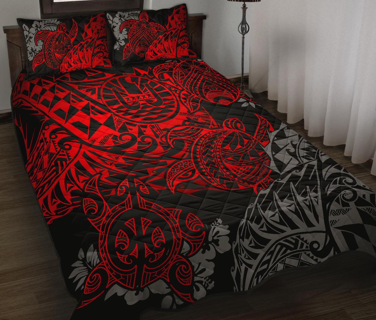 Tahiti Polynesian Quilt Bed Set - Red Turtle Hibiscus Flowing RED - Polynesian Pride