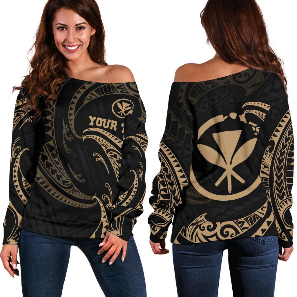 Hawaii Polynesian Custom Personalised Women's Off Shoulder Sweater - Gold Tribal Wave Gold - Polynesian Pride