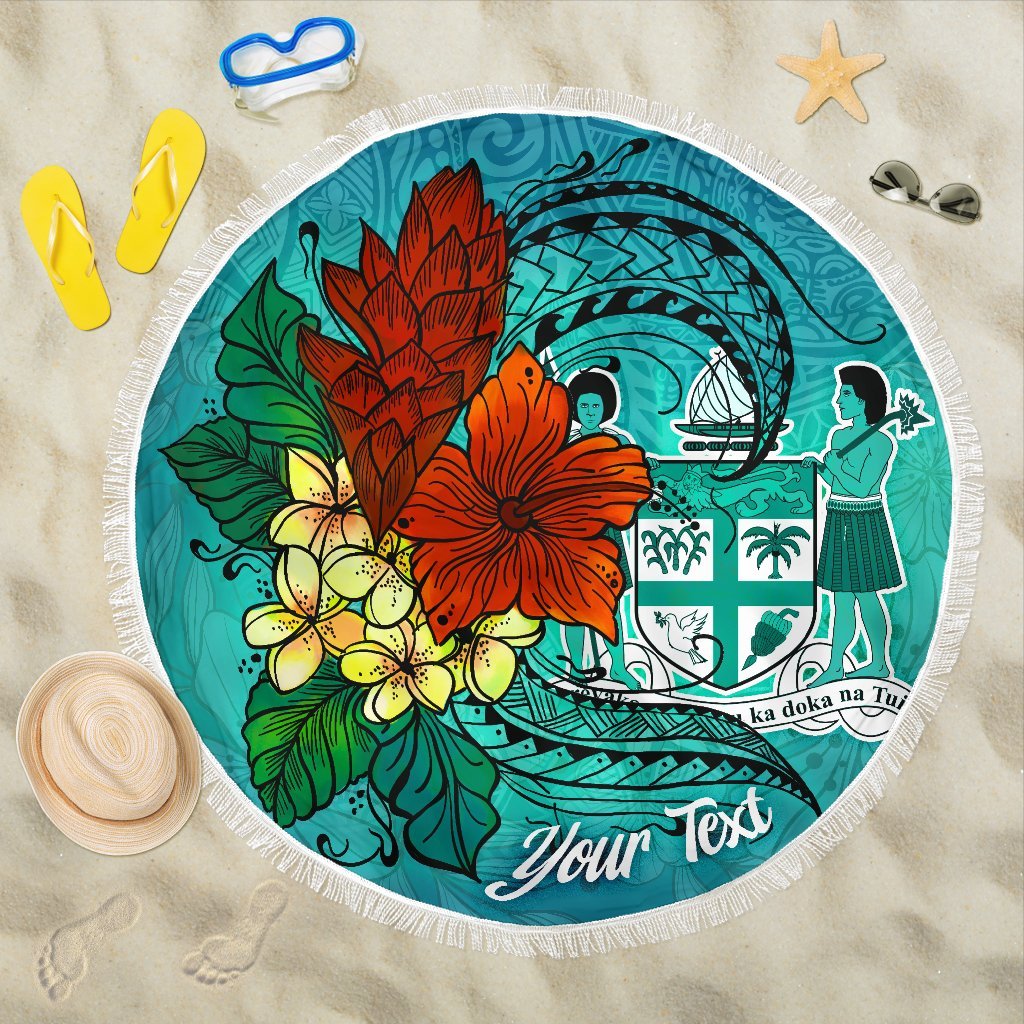 Fiji Beach Blanket - Custom Personalised Tropical Flowers Style Beach Blanket - Fiji One Size Blue - Polynesian Pride