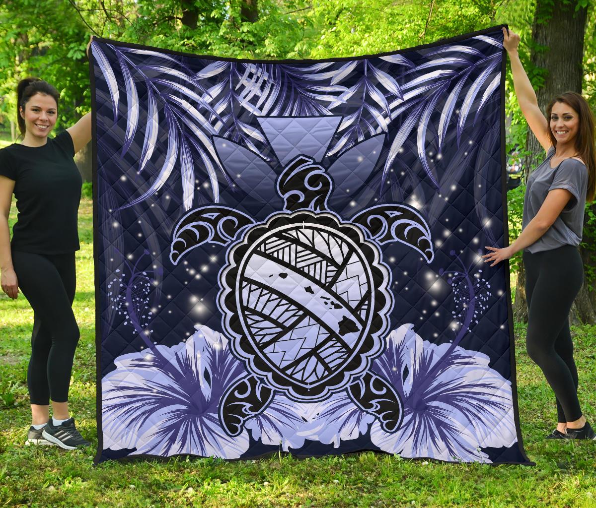 Hawaii Turtle Hibiscus Blue Premium Quilt - Hac Style - AH Blue - Polynesian Pride