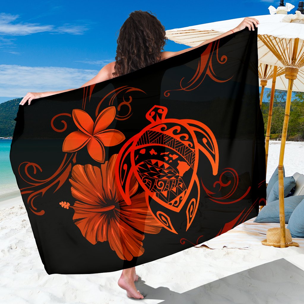 Hawaii Turtle Hibiscus Plumeria Poly Sarong - Orange Sarong One Size Orange - Polynesian Pride