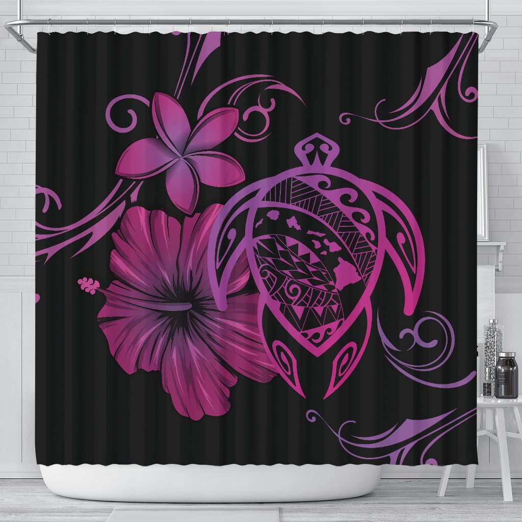 Hawaii Turtle Map Hibiscus Plumeria Poly Shower Curtain - Pink - Polynesian Pride