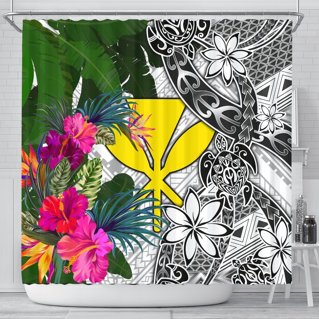 Hawaii Shower Curtain White - Turtle Plumeria Banana Leaf 177 x 172 (cm) White - Polynesian Pride