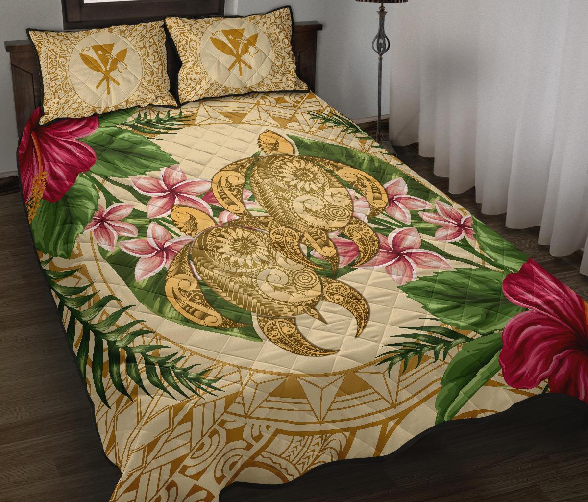 Hawaii Quilt Bed Set - Turtle Quilt Bed Set Strong Pattern Hibiscus Plumeria AH Gold - Polynesian Pride