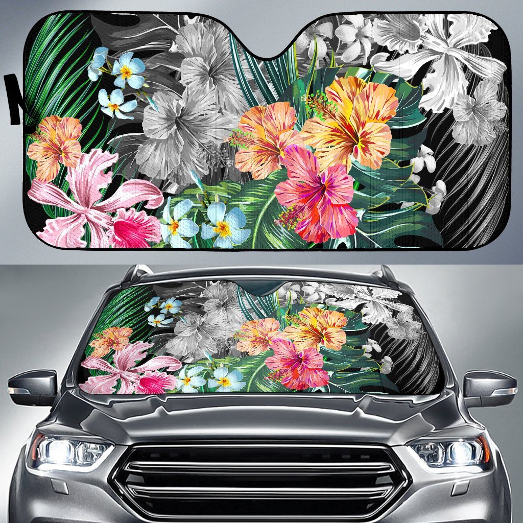 Hawaii Tropical Plumeria Hibiscus Car Sun Shade Auto Sun Shade Universal Fit Black - Polynesian Pride