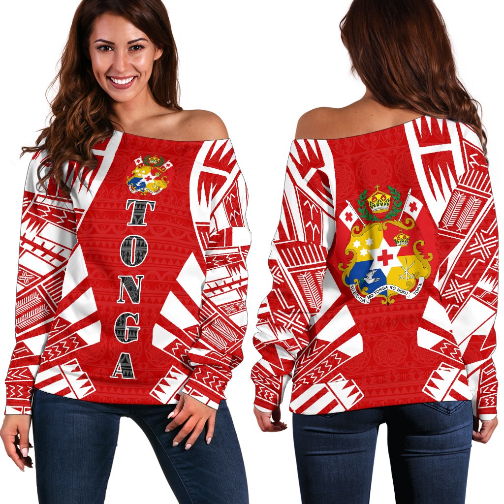 Tonga Women's Off Shoulder Sweater - Polynesian Tattoo Flag White - Polynesian Pride