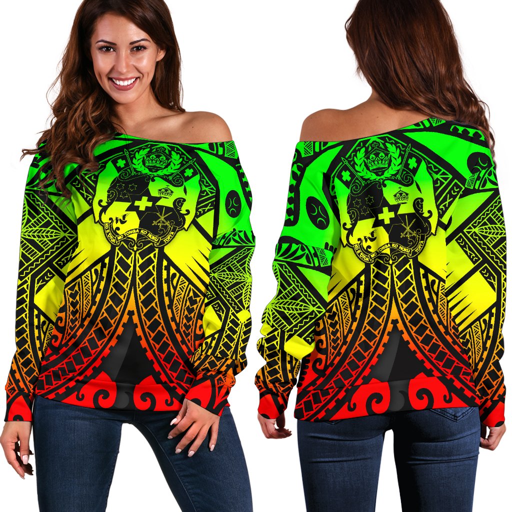 Tonga Polynesian Women's Off Shoulder Sweater - Tonga Reggae Seal with Polynesian tattoo Art - Polynesian Pride