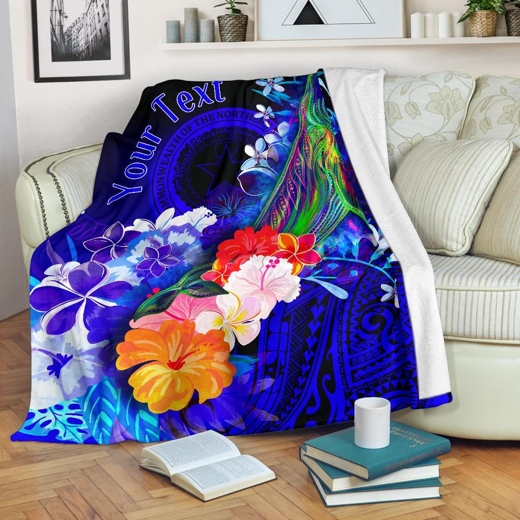CNMI Custom Personalised Premium Blanket - Humpback Whale with Tropical Flowers (Blue) - Polynesian Pride