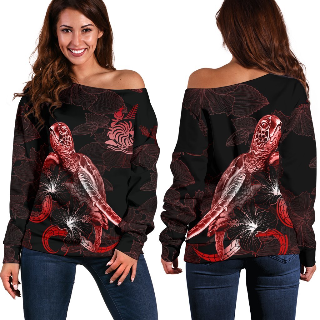 New Caledonia Polynesian Women's Off Shoulder Sweater - Turtle With Blooming Hibiscus Red Red - Polynesian Pride