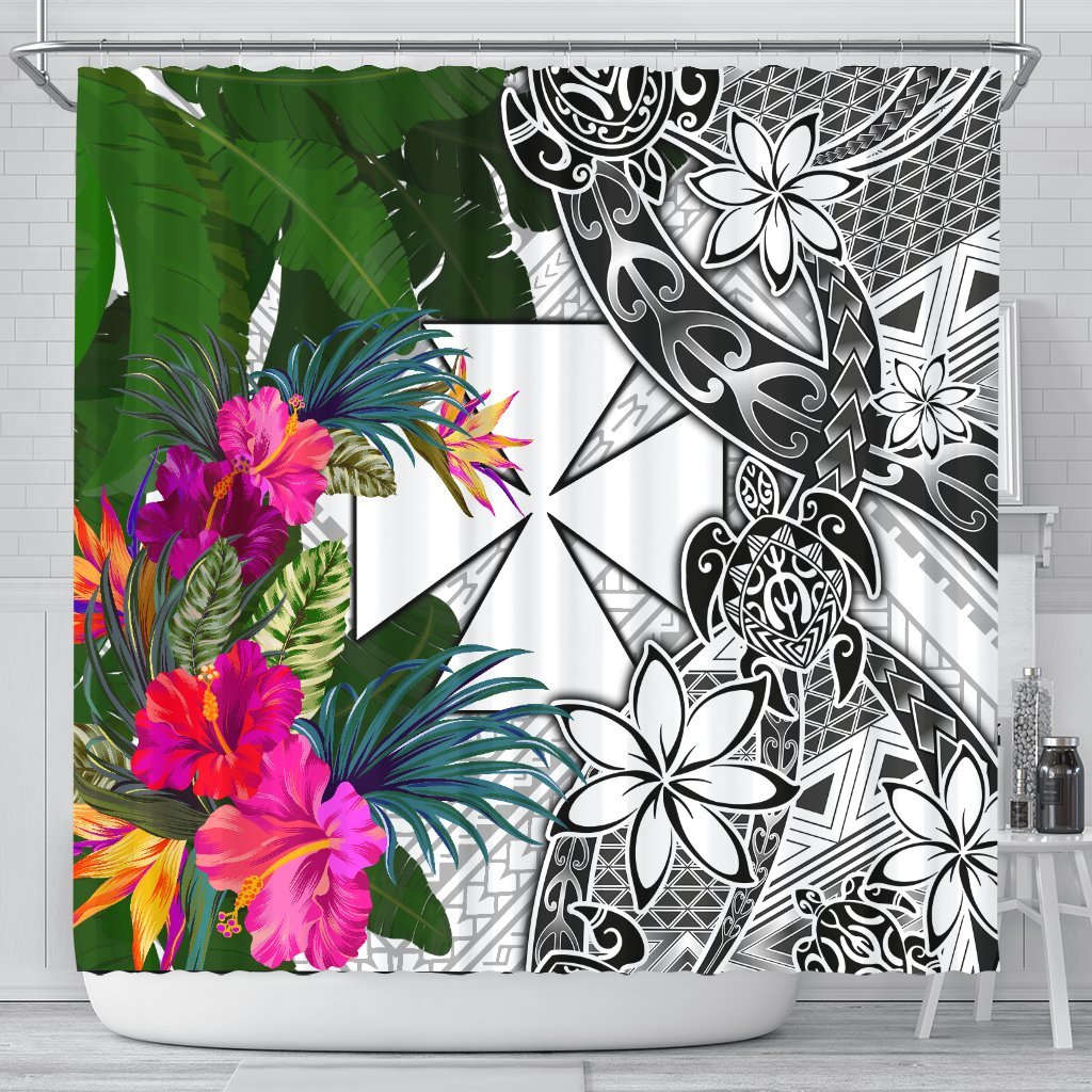 Wallis And Futuna Shower Curtain White - Turtle Plumeria Banana Leaf 177 x 172 (cm) White - Polynesian Pride