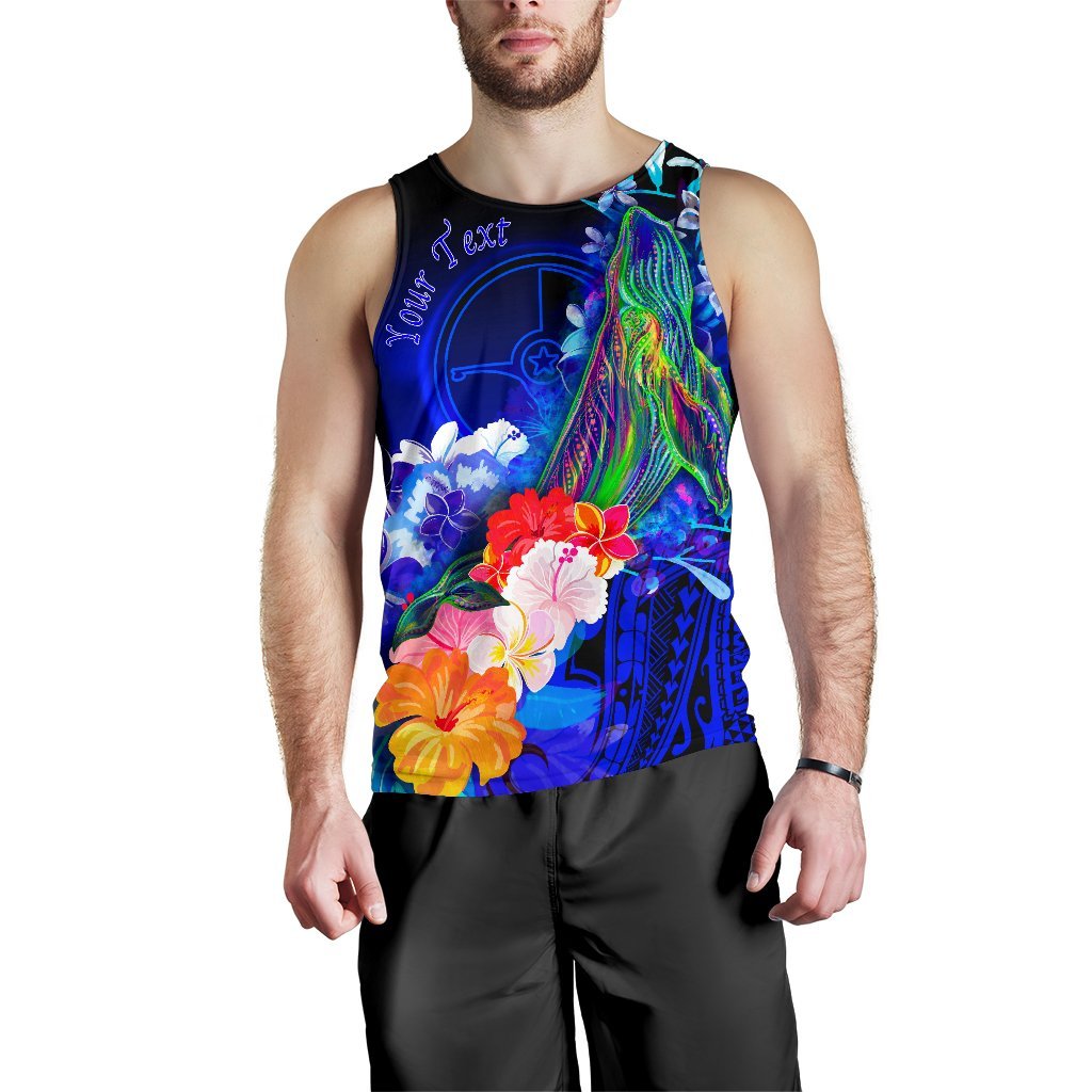 Custom Personalised Yap Men's Tank Top - Humpback Whale with Tropical Flowers (Blue) - Polynesian Pride