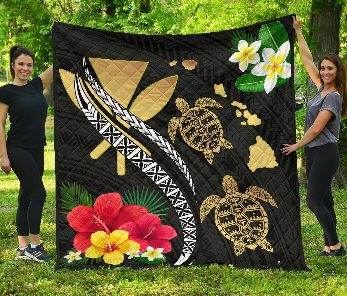 Hawaii Map Turtle Hibiscus Plumeria Polynesian - Premium Quilt AH Gray - Polynesian Pride