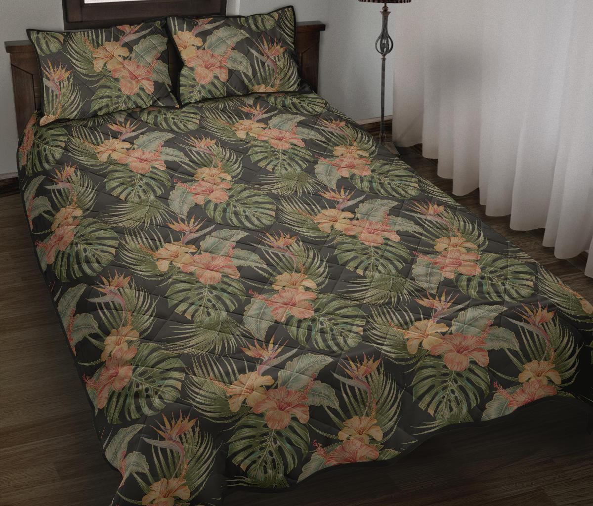 Hawaii Quilt Bed Set Tropical Hibiscus Monstera Leaf AH Black - Polynesian Pride