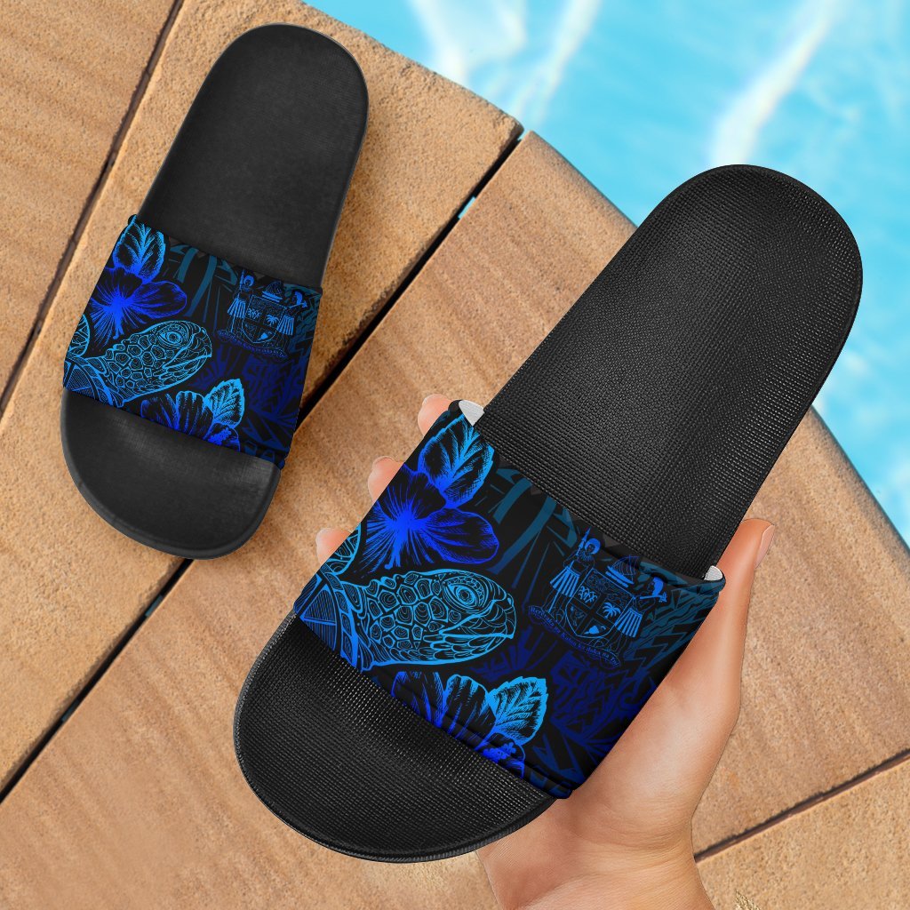 Fiji Slide Sandals - Turtle Hibiscus Pattern Blue Black - Polynesian Pride