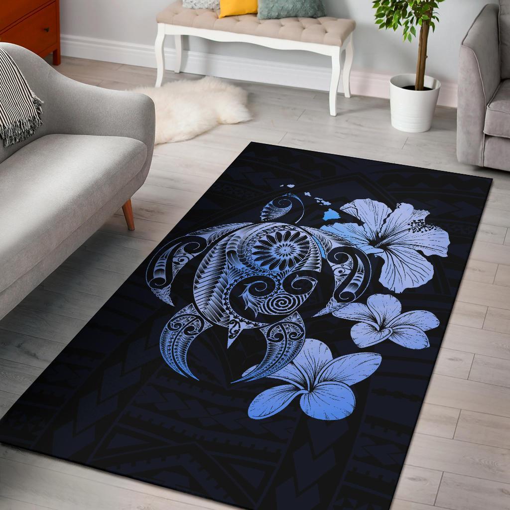 Hibiscus Plumeria Mix Polynesian Turtle Area Rug AH Rug Blue - Polynesian Pride