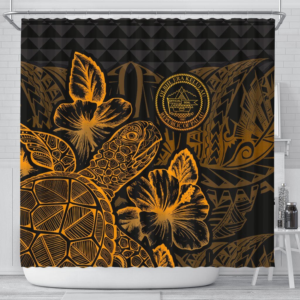 Palau Shower Curtain Turtle Hibiscus Gold 177 x 172 (cm) Gold - Polynesian Pride