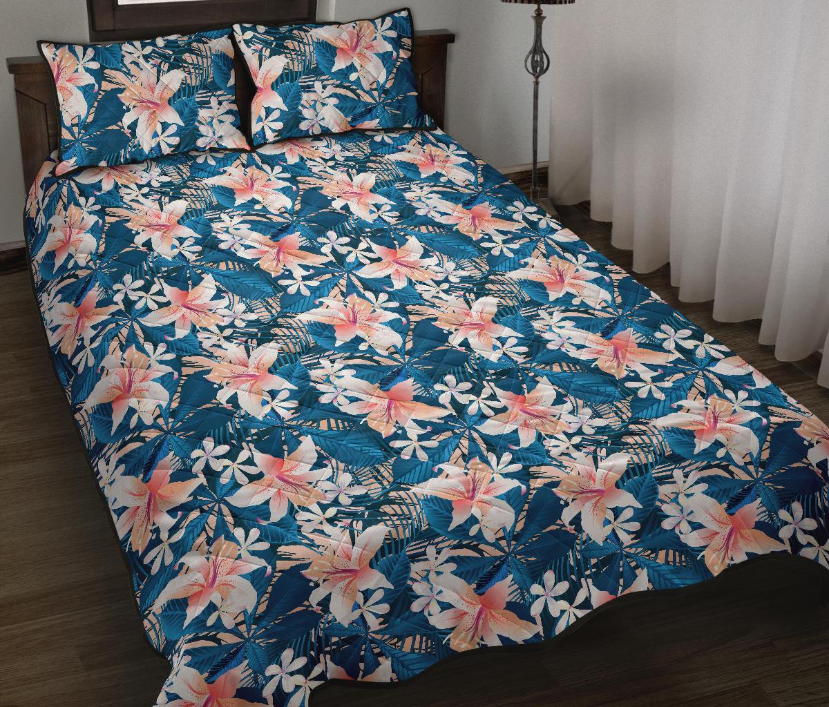 Hawaii Quilt Bed Set Tropical Hibiscus Blue AH Black - Polynesian Pride