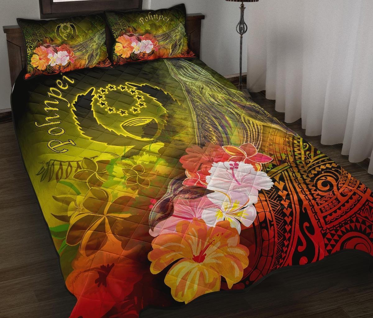 Pohnpei Quilt Bed Set - Humpback Whale with Tropical Flowers (Yellow) Yellow - Polynesian Pride