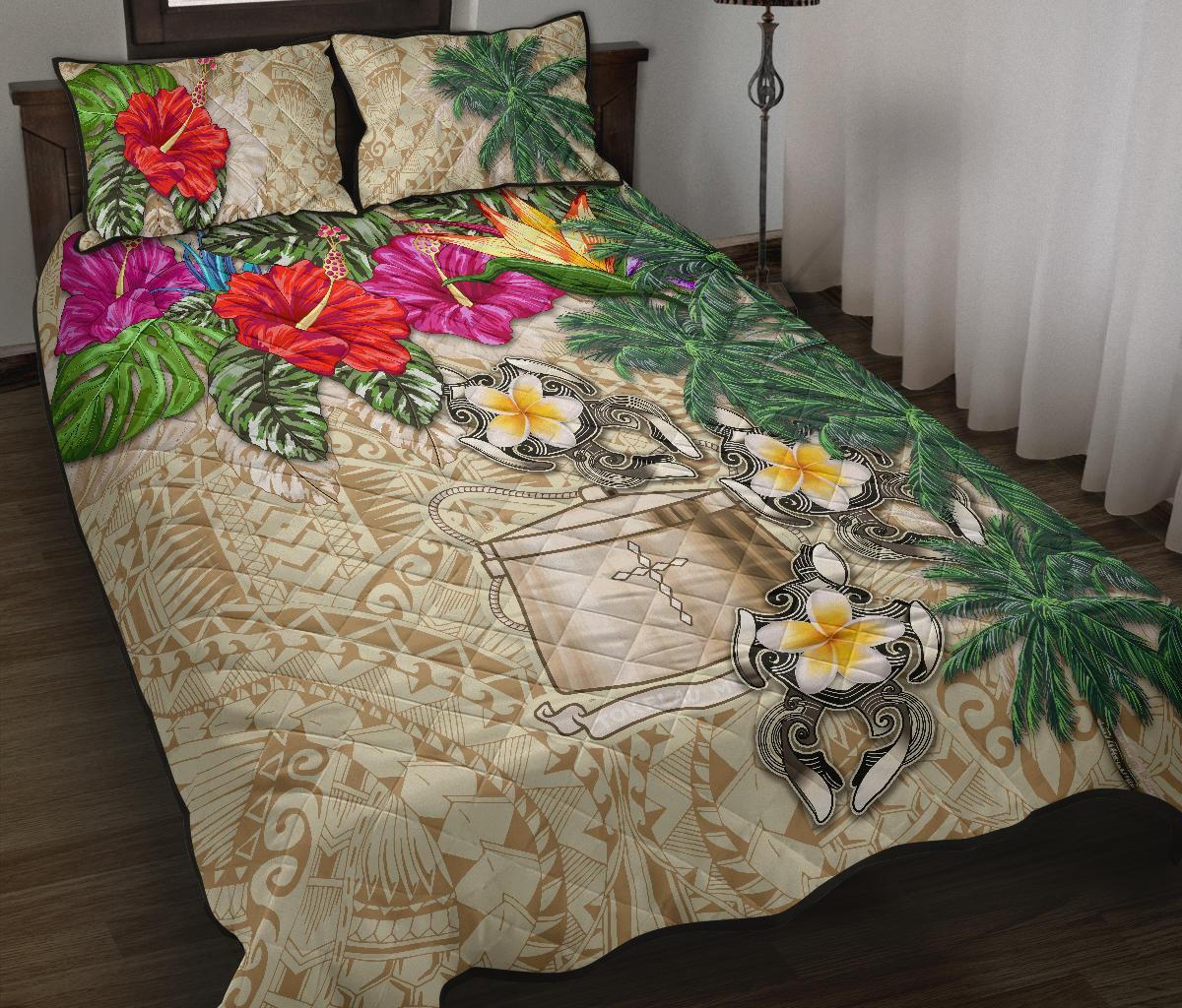 Tokelau Polynesian Quilt Bed Set - Hibiscus Turtle Tattoo Beige Beige - Polynesian Pride