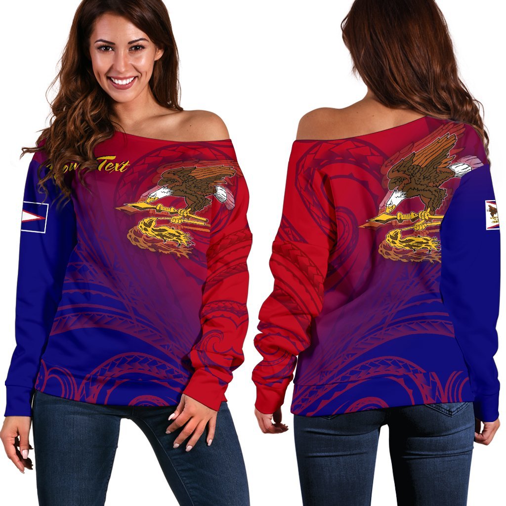 American Samoa Polynesian Custom Personalised Personalized Women Off Shoulder Sweater - Bald Eagle (Blue - Red) Blue - Polynesian Pride