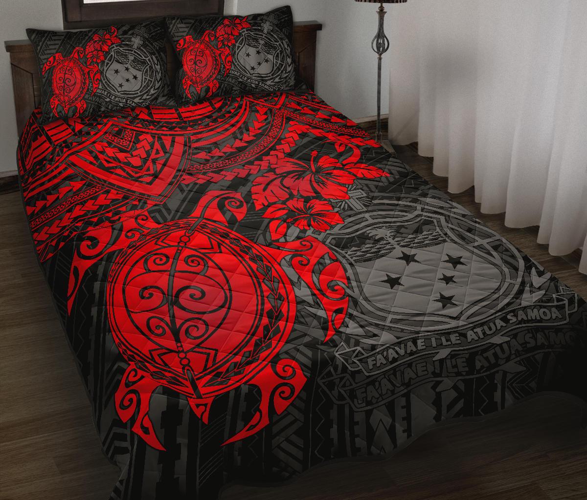 Samoa Polynesian Quilt Bed Set - Samoa Coat Of Arms & Red Turtle Hibiscus RED - Polynesian Pride