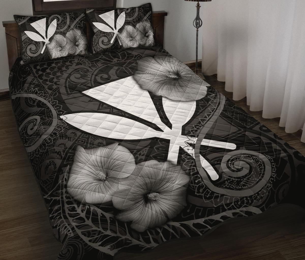 Hawaii Polynesian Quilt Bed Set - Hawaii Kanaka Maoli & Black Hibiscus Black - Polynesian Pride