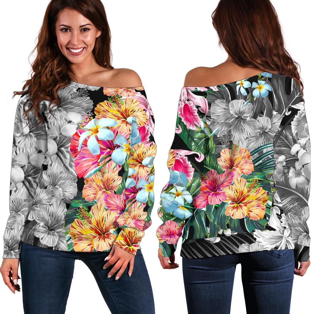 Hawaii Forest Tropical Flower Women's Off Shoulder Sweater Black - Polynesian Pride