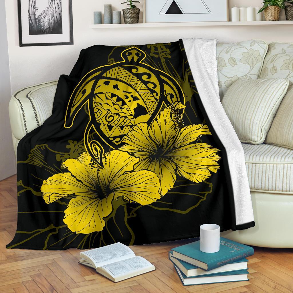 Hawaii Hibiscus Premium Blanket - Turtle Map - Yellow AH White - Polynesian Pride