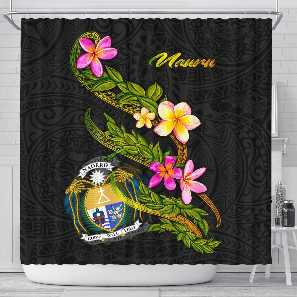 Nauru Polynesian Shower Curtain - Plumeria Tribal 177 x 172 (cm) Black - Polynesian Pride