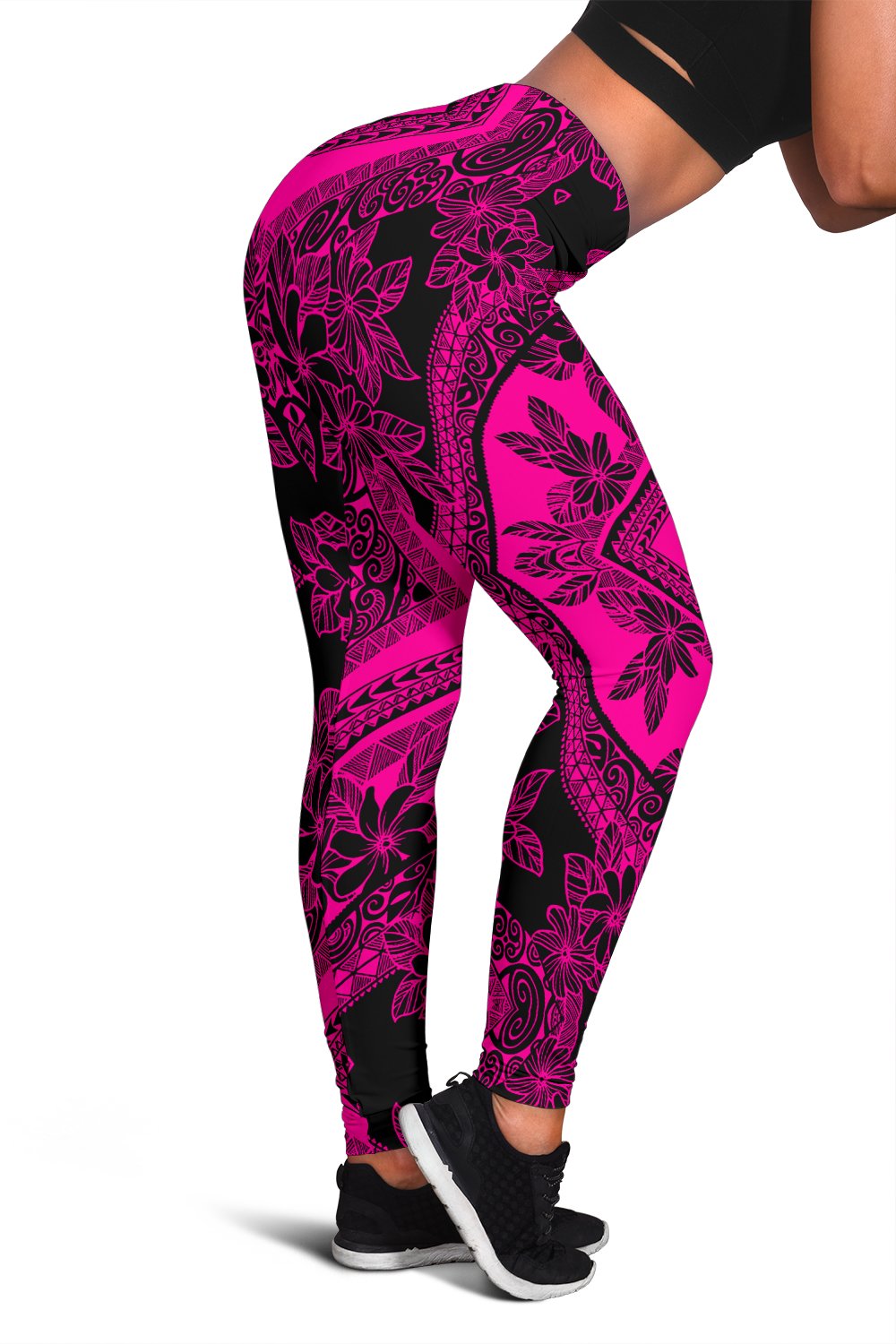 Polynesian Plumeria Mix Pink Black Hawaii Women's Leggings AH Art - Polynesian Pride