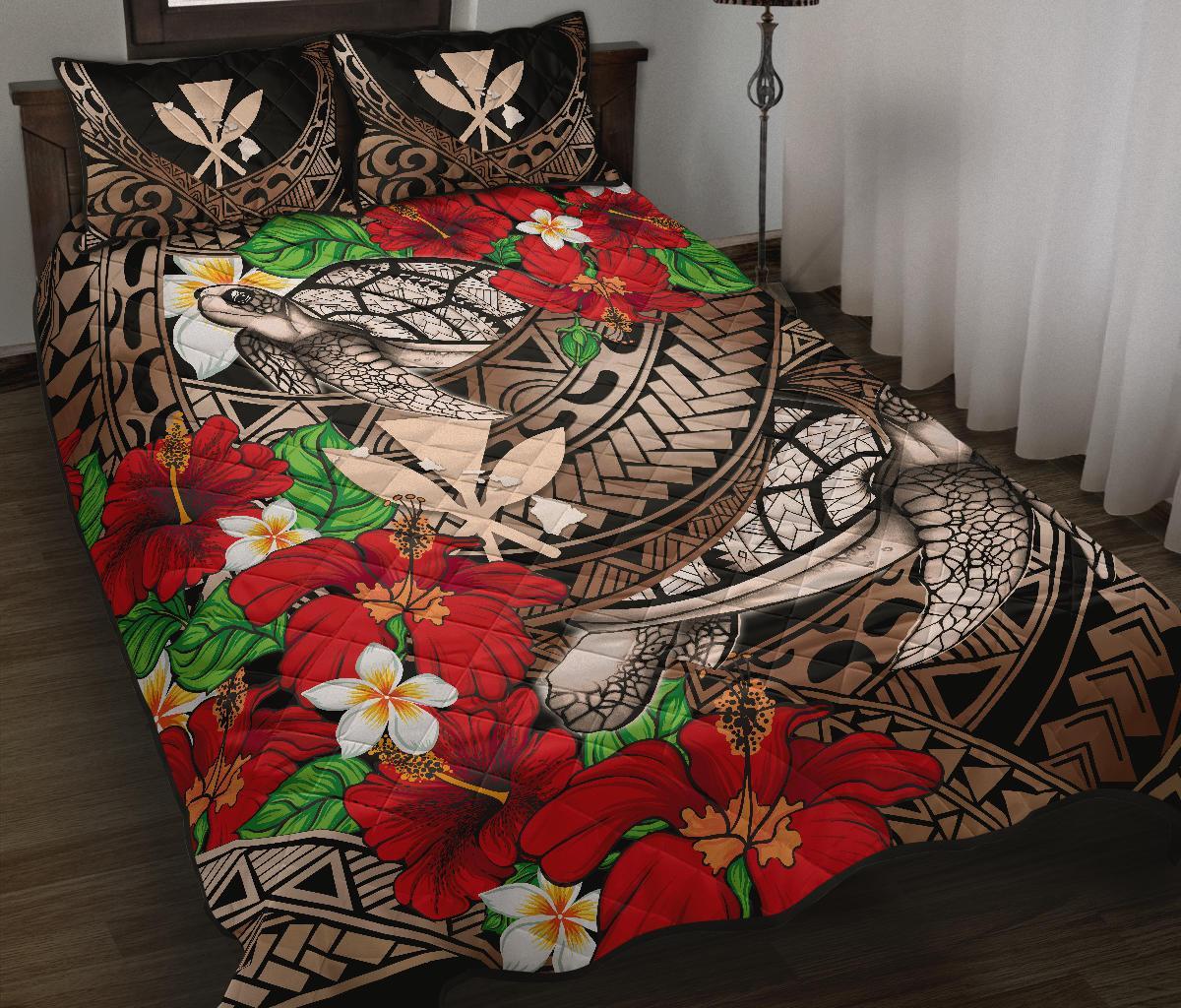 Kanaka Maoli (Hawaiian) Quilt Bed Set - Waves Polynesian Turtle Hibiscus - Polynesian Pride