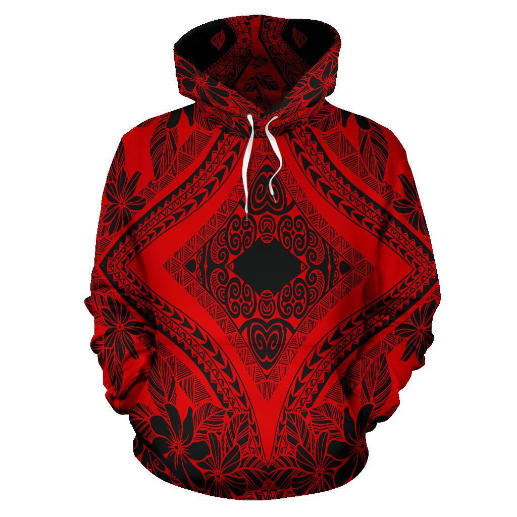 Hawaii Hoodie Polynesian Plumeria Mix Red Black Pullover Unisex Art - Polynesian Pride