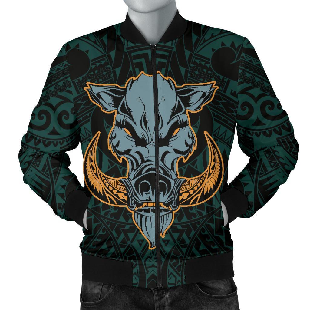 Hawaii Wild Boar Kamapua'a Men's Bomber Jacket - Turquoise - Hawaiian Mythology Style Turquoise - Polynesian Pride