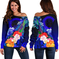 CNMI Women's Off Shoulder Sweater - Humpback Whale with Tropical Flowers (Blue) - Polynesian Pride