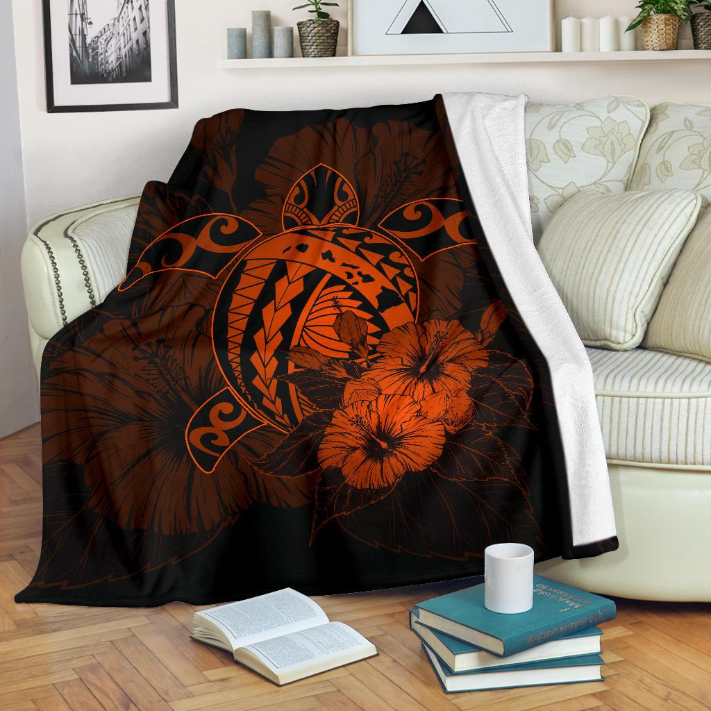 Hawaii Hibiscus Premium Blanket - Harold Turtle - Orange White - Polynesian Pride