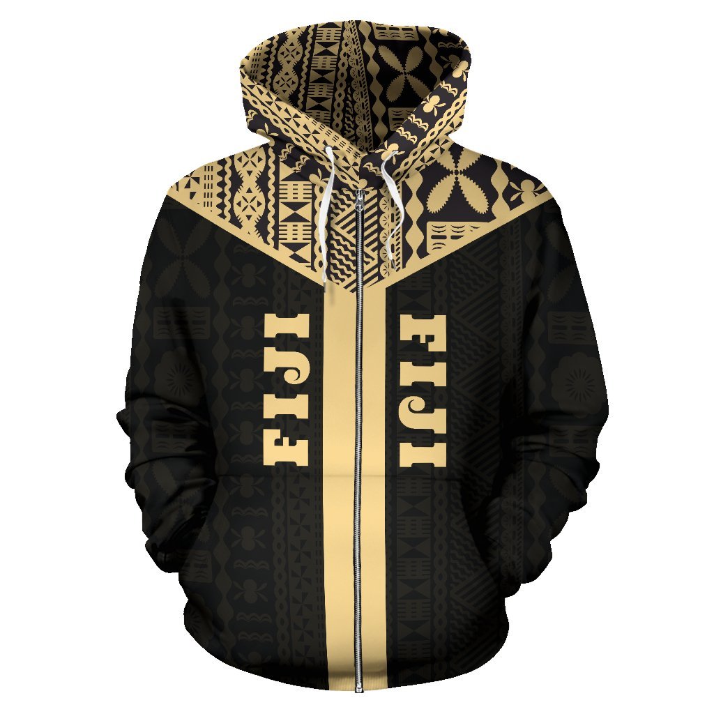 Fiji Tapa Zip Hoodie Fiji Flag Black A6 - Polynesian Pride