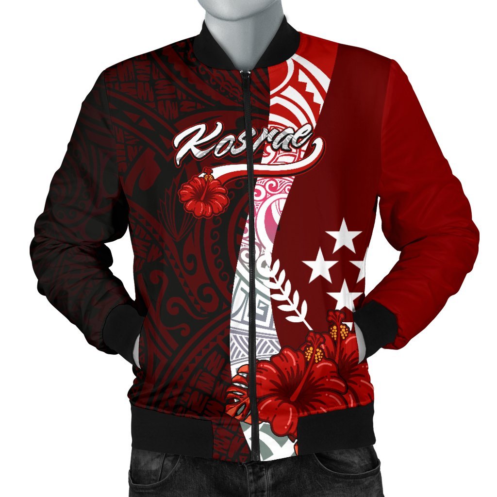 Kosrae Micronesia Men's Bomber Jacket - Coat Of Arm With Hibiscus Red - Polynesian Pride