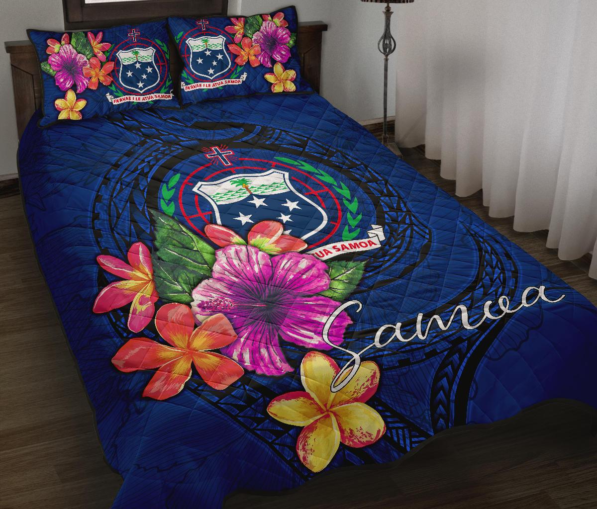 Samoa Polynesian Quilt Bed Set - Floral With Seal Blue Blue - Polynesian Pride