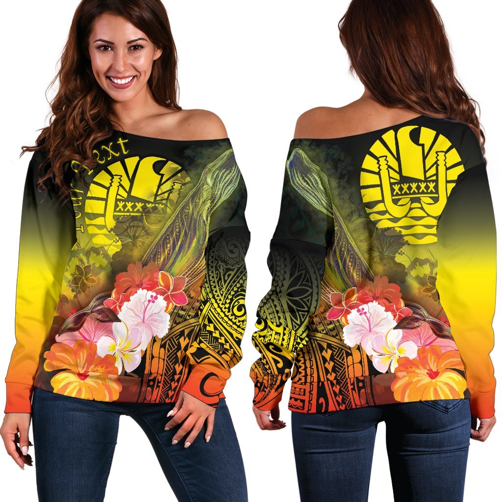 Tahiti Custom Personalised Women's Off Shoulder Sweater - Humpback Whale with Tropical Flowers (Yellow) Yellow - Polynesian Pride