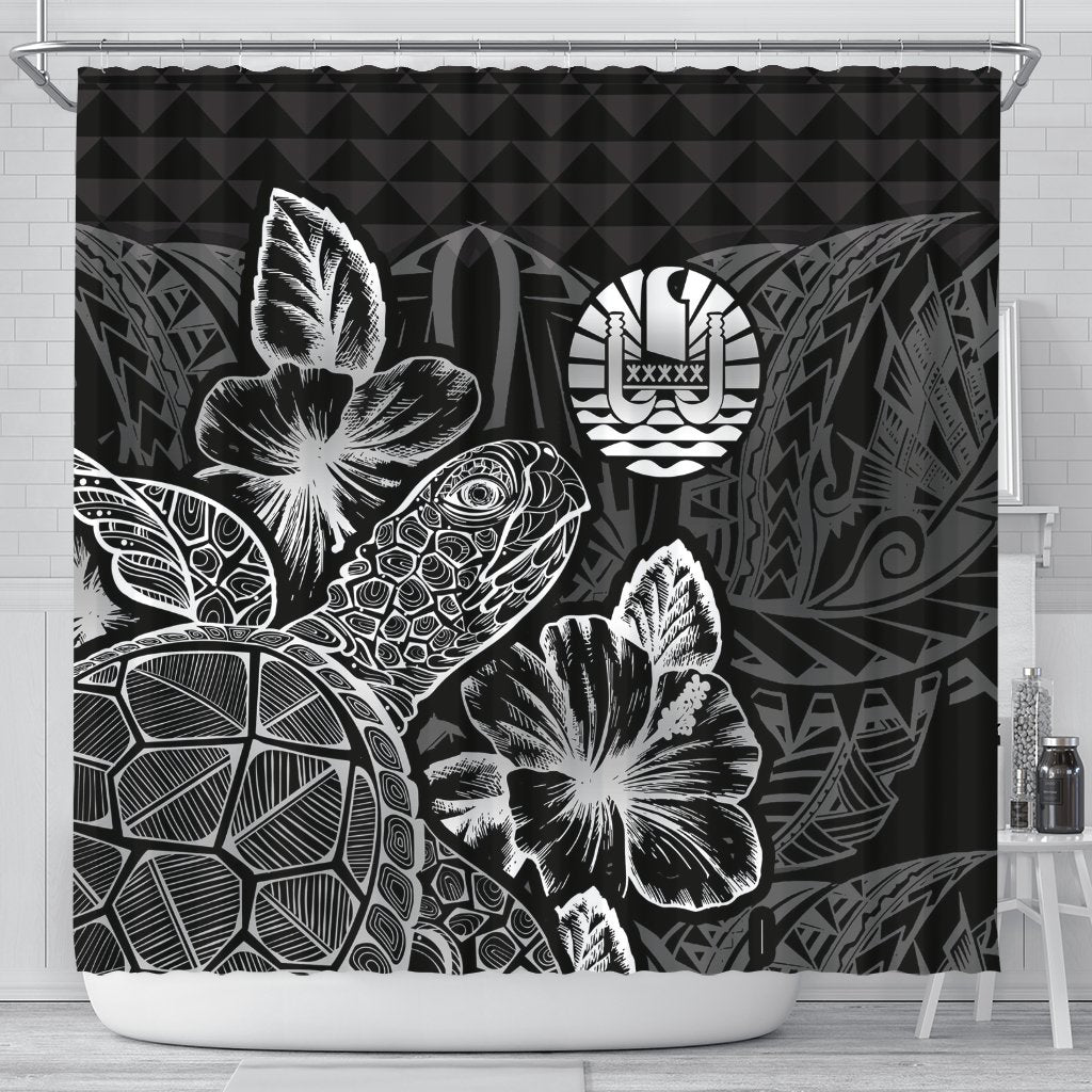 Tahiti Shower Curtain Turtle Hibiscus Black 177 x 172 (cm) Black - Polynesian Pride