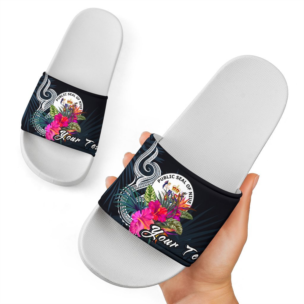 Niue Polynesian Custom Personalised Slide Sandals - Tropical Flower White - Polynesian Pride