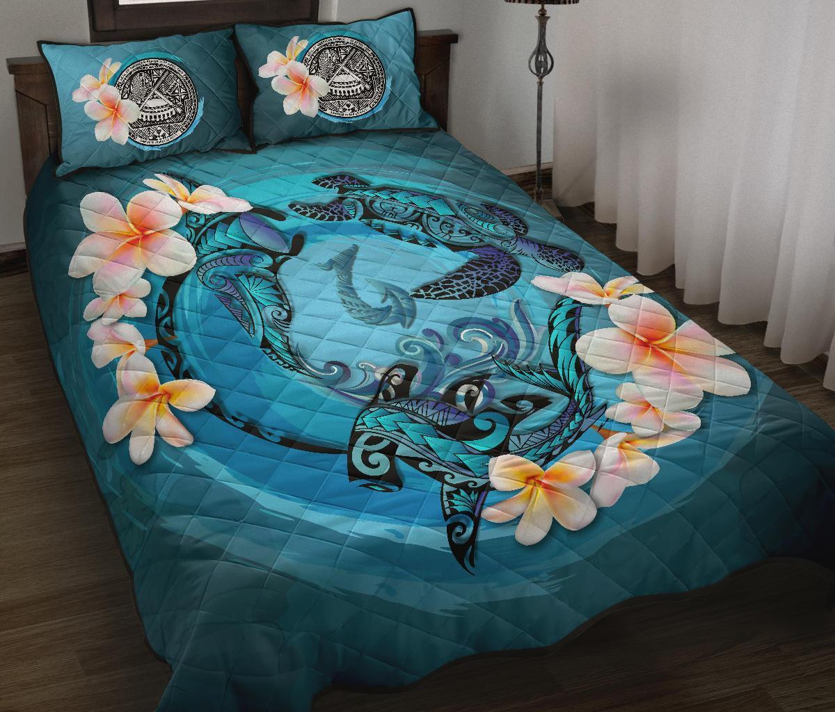 American Samoa Polynesian Quilt Bed Set - Blue Plumeria Animal Tattoo Blue - Polynesian Pride