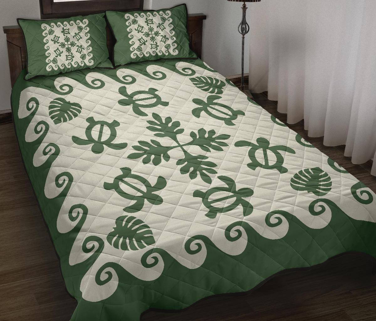 Hawaiian Quilt Bed Set Tropical Turtle Pattern - Green Green - Polynesian Pride