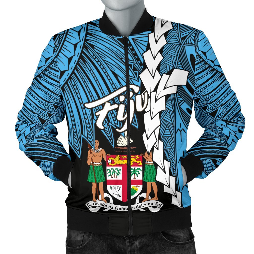 Fiji Polynesian Men's Bomber Jacket - Tribal Wave Tattoo Flag Style Blue - Polynesian Pride