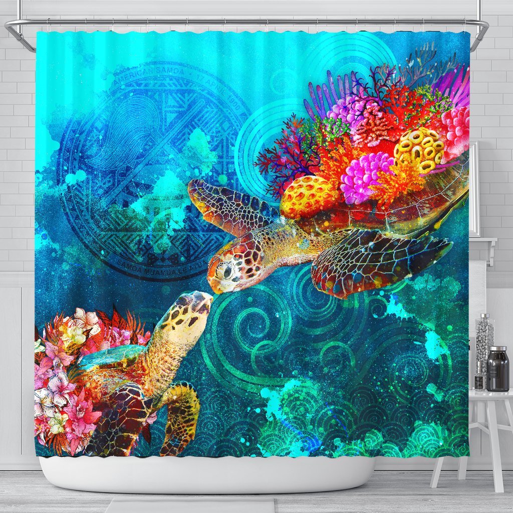 American Samoa Shower Curtain - Sea Turtle Coral Treasure 177 x 172 (cm) BLACK - Polynesian Pride