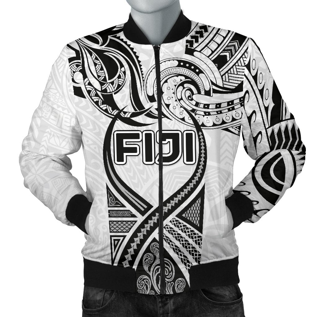 Fiji Rugby Men Bomber Jacket Polynesian Waves Style White - Polynesian Pride