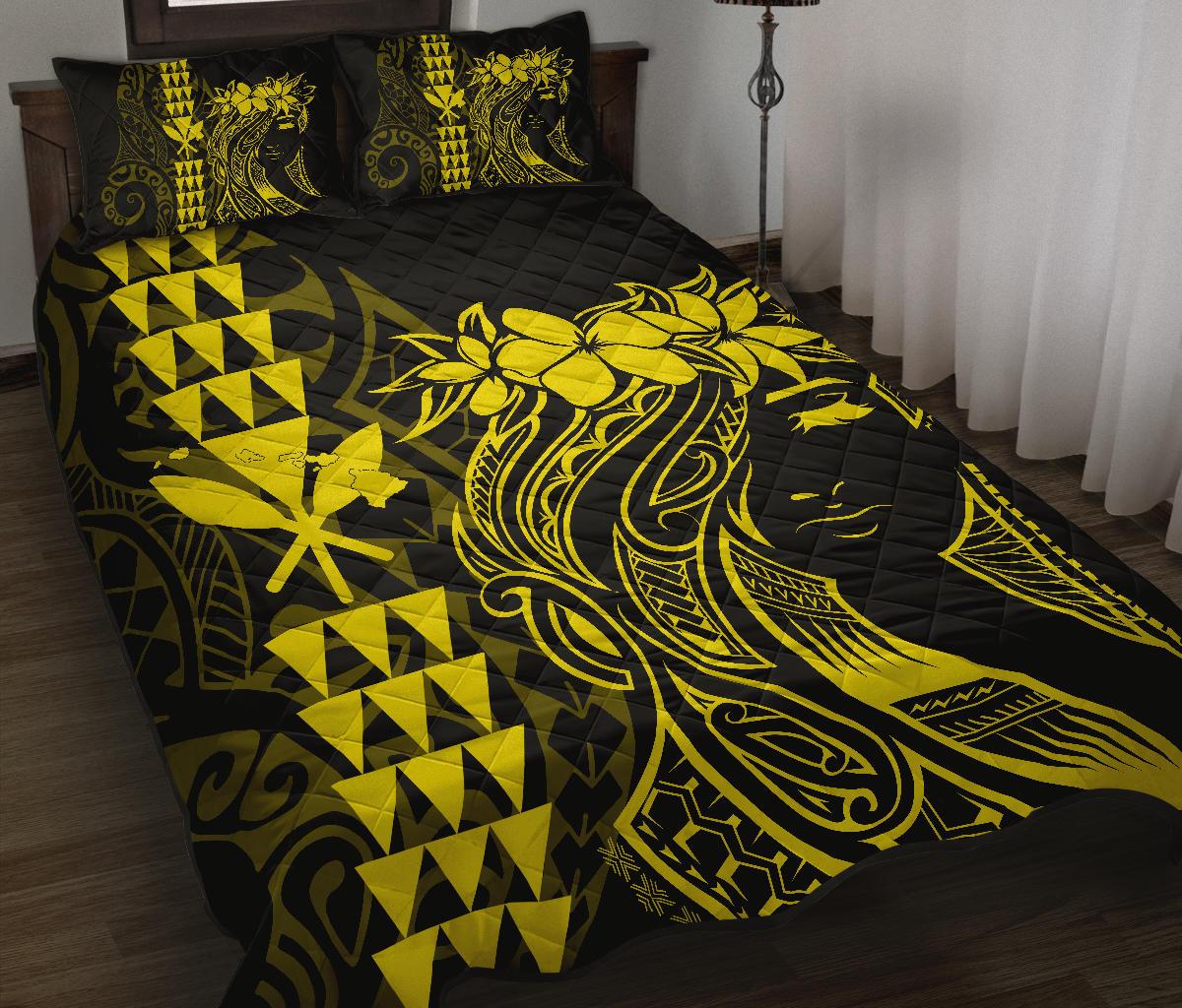 Hawaii Map Kanaka Polynesian Hula Girl Quilt Bed Set - Yellow Yellow - Polynesian Pride